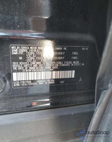 2019 Toyota Rav4 Le z USA, uszkodzony, nr VIN 2T3H1RFV5KC028951